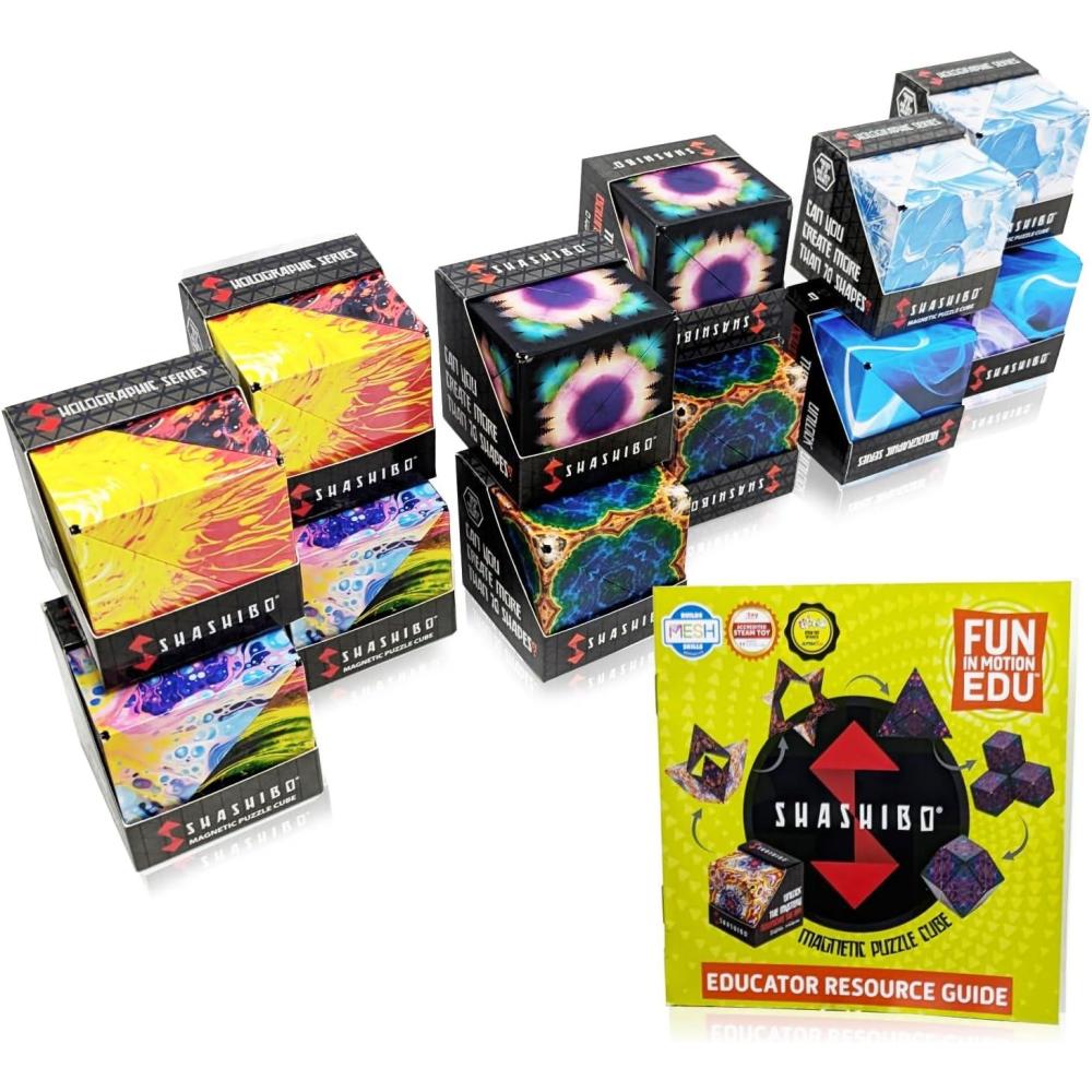 imageSHASHIBO Shape Shifting Box STEM Magnetic Fidget Cube That Transforms Into Over 70 Shapes 12 Assorted Cubes Education Bundle by Fun in Motion Toys
