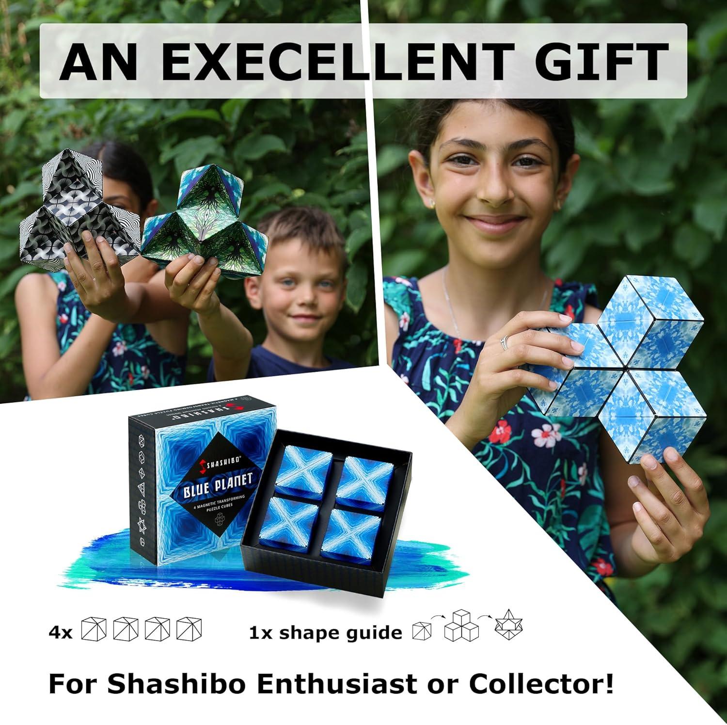 imageSHASHIBO Shape Shifting Box AwardWinning Patented Fidget Cube w 36 Rare Earth Magnets Transforms Into Over 70 Shapes Gift Box Download Fun in Motion Toys Mobile App Earth 4 PackBlue Planet