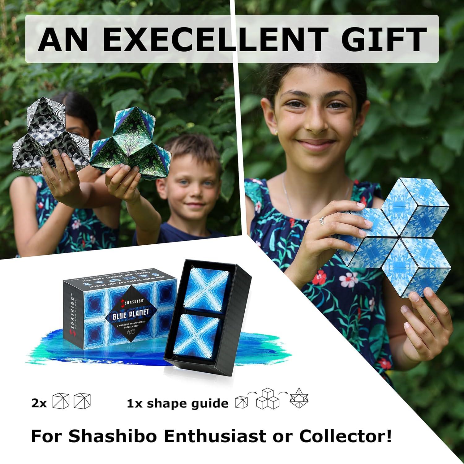 imageSHASHIBO Shape Shifting Box AwardWinning Patented Fidget Cube w 36 Rare Earth Magnets Transforms Into Over 70 Shapes Gift Box Download Fun in Motion Toys Mobile App Earth 4 PackBlue Planet