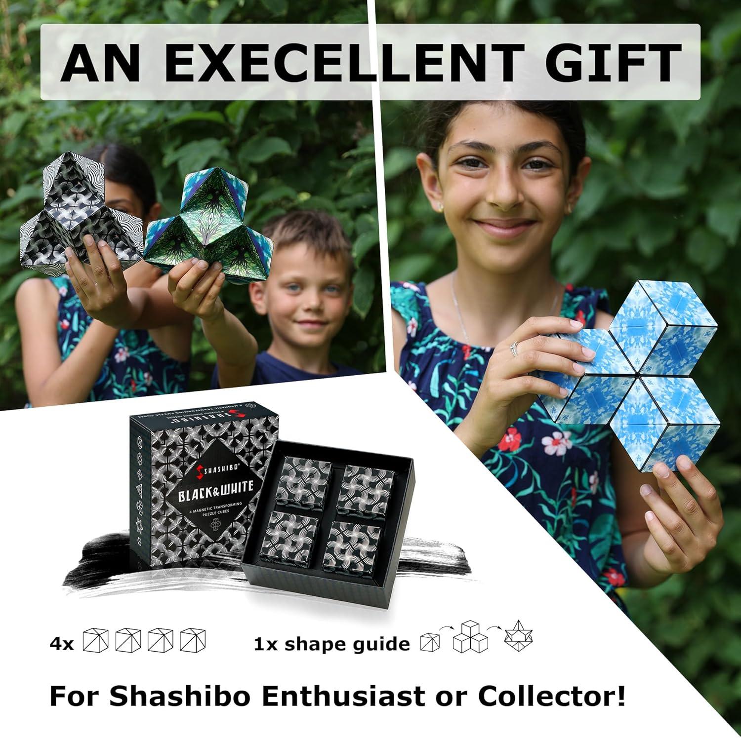 imageSHASHIBO Shape Shifting Box AwardWinning Patented Fidget Cube w 36 Rare Earth Magnets Transforms Into Over 70 Shapes Gift Box Download Fun in Motion Toys Mobile App Earth 4 PackWhite Black